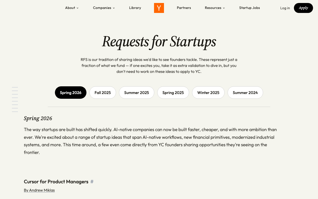 YC Requests for Startups screenshot