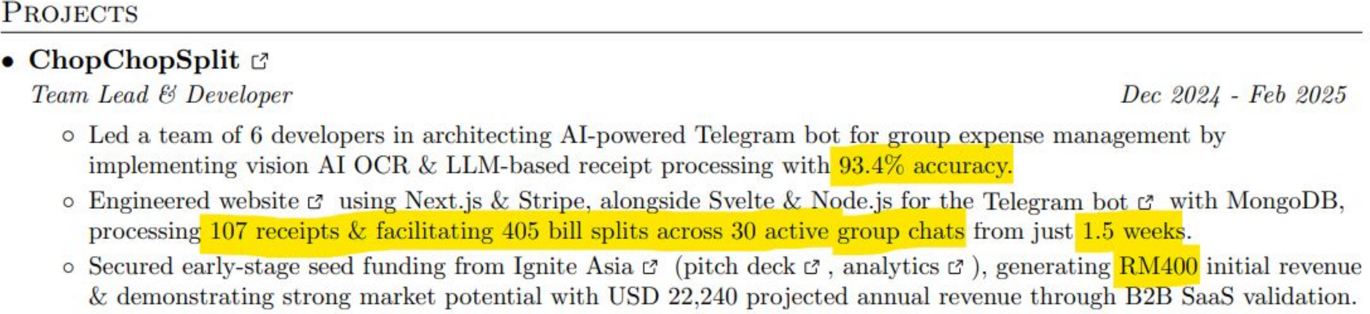 CV bullet with metrics highlighted